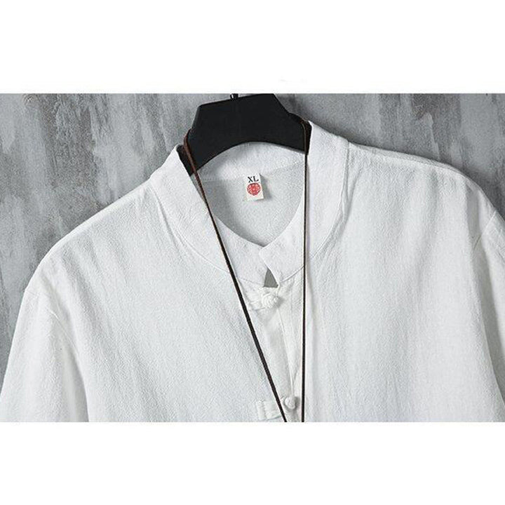 Buddha Stones Daily Casual Plain Chinese Frog-Button Men's Short Sleeve Cotton Linen Shirt - image 5