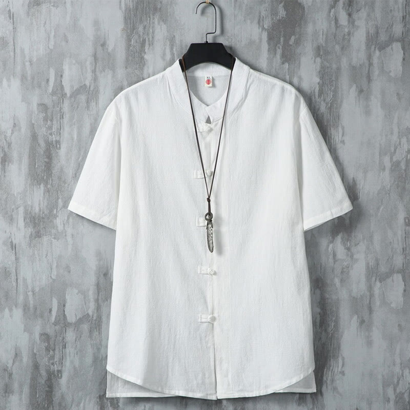 Buddha Stones Daily Casual Plain Chinese Frog-Button Men's Short Sleeve Cotton Linen Shirt - White - US/UK/AU46，EU56 (5XL) - image 1