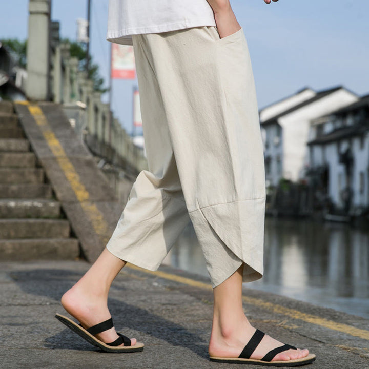 Buddha Stones Summer Casual Simple Plain Tapered Design Drawstring Men's  7-8 Length Cotton Linen Pants With Pockets - image 18