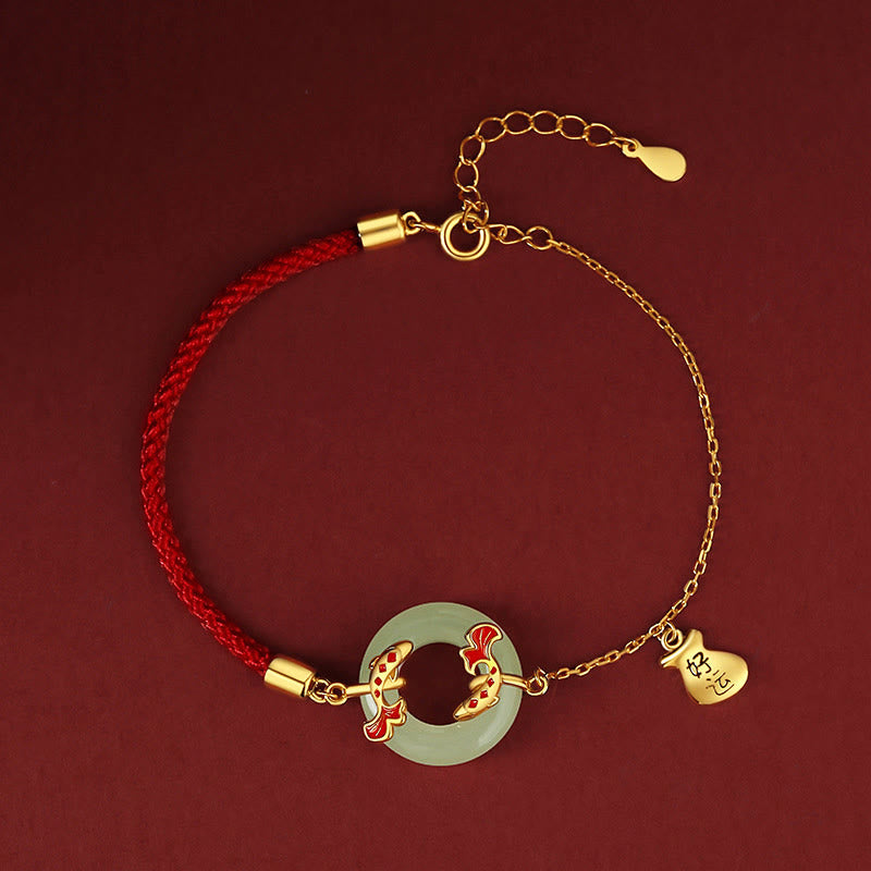 Buddha Stones 999 Sterling Silver Hetian White Jade Double Koi Fish Peace Buckle Lucky Charm Wealth Bracelet
