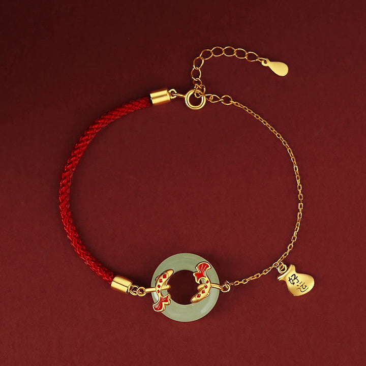 Buddha Stones 999 Sterling Silver Hetian White Jade Double Koi Fish Peace Buckle Lucky Charm Wealth Bracelet