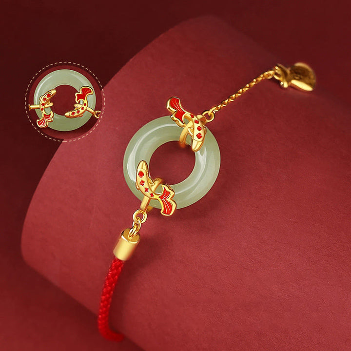 Buddha Stones 999 Sterling Silver Hetian White Jade Double Koi Fish Peace Buckle Lucky Charm Wealth Bracelet
