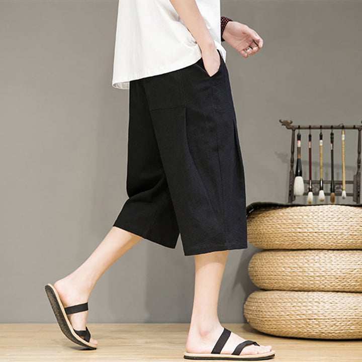 Buddha Stones Casual Summer Drawstring Solid Color Cropped Cotton Linen Men's Harem Pants With Pockets