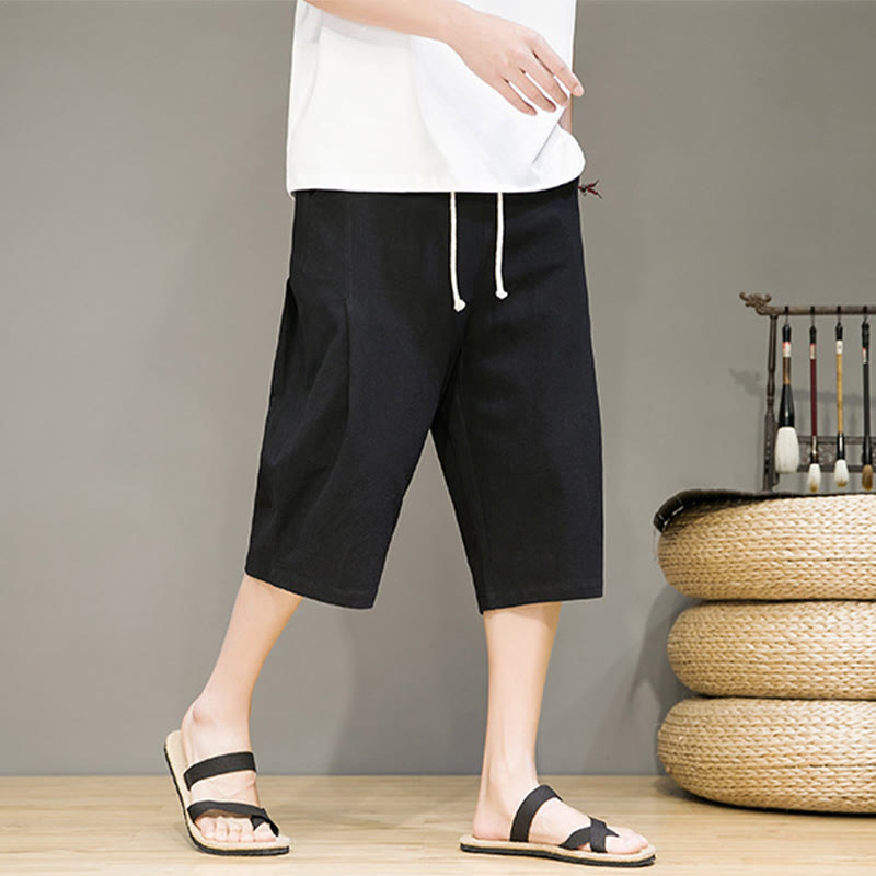 Buddha Stones Casual Summer Drawstring Solid Color Cropped Cotton Linen Men's Harem Pants With Pockets - image 14