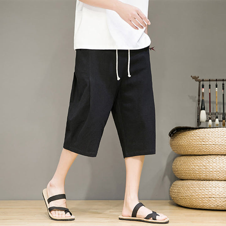 Buddha Stones Casual Summer Drawstring Solid Color Cropped Cotton Linen Men's Harem Pants With Pockets - image 14