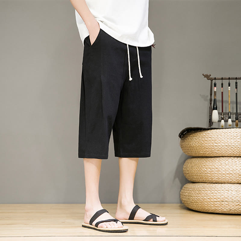 Buddha Stones Casual Summer Drawstring Solid Color Cropped Cotton Linen Men's Harem Pants With Pockets - image 15