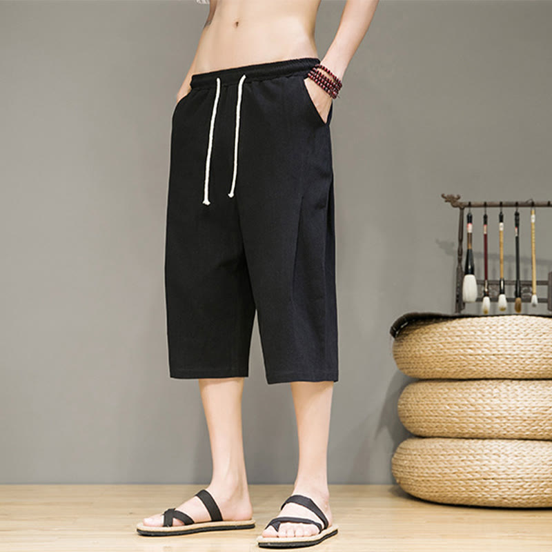 Buddha Stones Casual Summer Drawstring Solid Color Cropped Cotton Linen Men's Harem Pants With Pockets - image 17