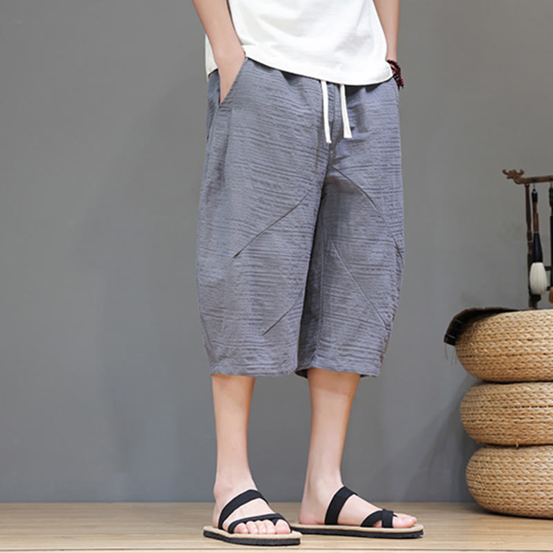 Buddha Stones Vintage Jacquard Solid Color Drawstring Cropped Cotton Linen Men's Harem Pants With Pockets - image 1