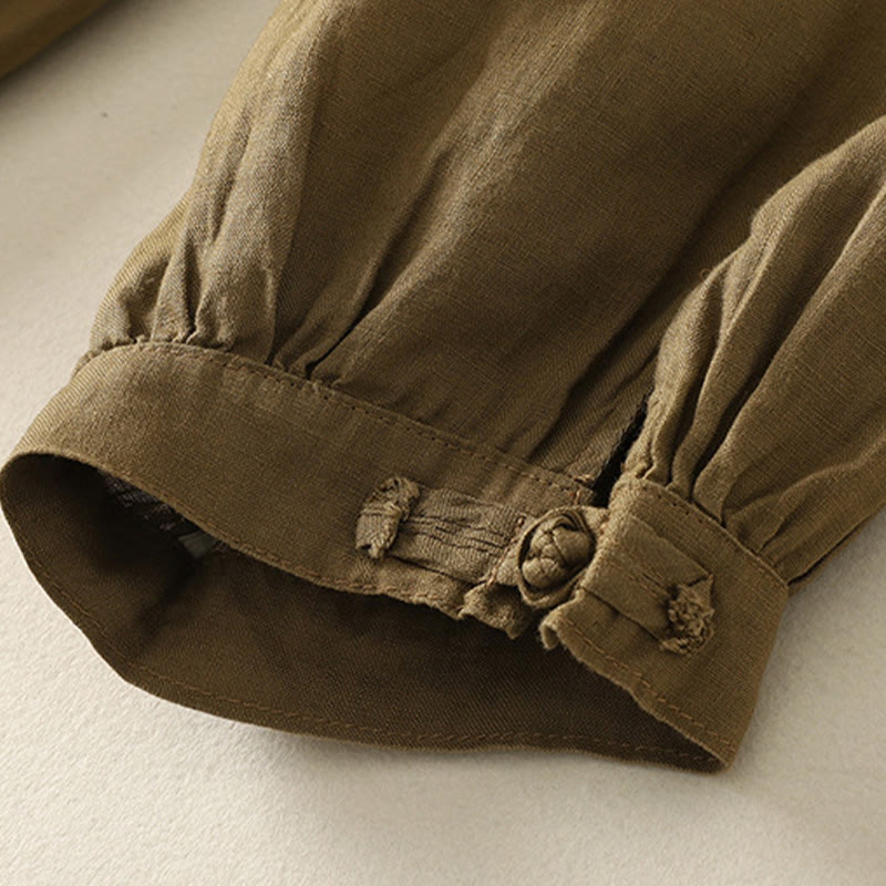 Buddha Stones Summer Plain Casual Frog-Button Women's Cotton Linen Harem Pants With Pockets
