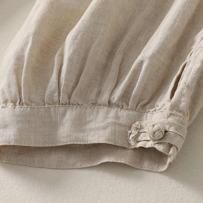 Buddha Stones Summer Plain Casual Frog-Button Women's Cotton Linen Harem Pants With Pockets