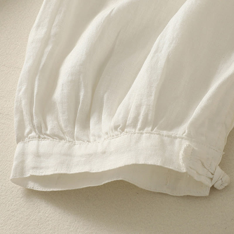 Buddha Stones Summer Plain Casual Frog-Button Women's Cotton Linen Harem Pants With Pockets