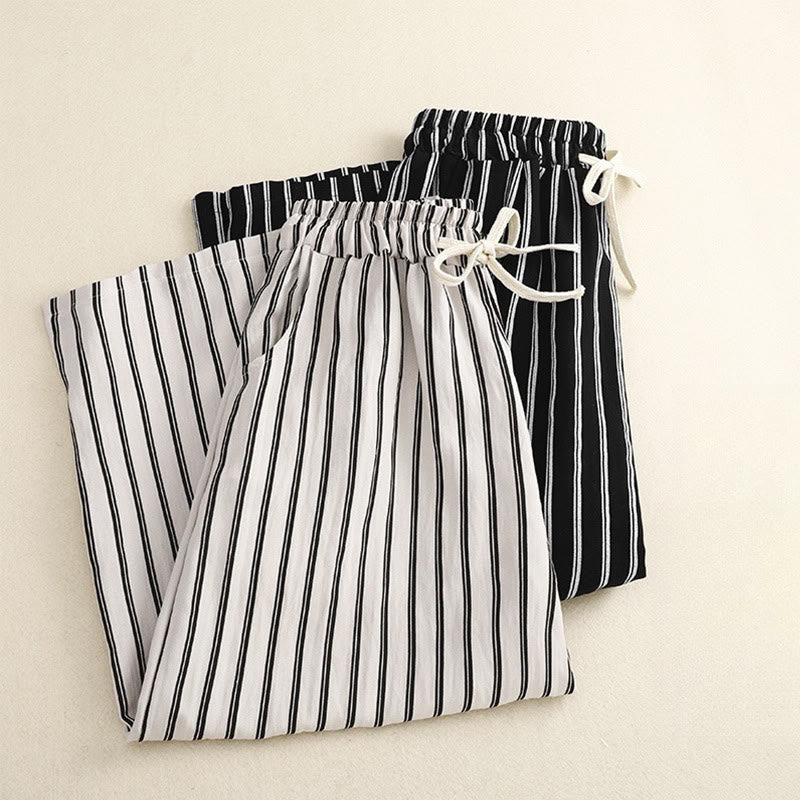 Buddha Stones Casual Acrylic Stripe Lace-up Women's Wide Leg Pants With Pockets