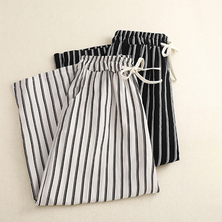 Buddha Stones Casual Acrylic Stripe Lace-up Women's Wide Leg Pants With Pockets