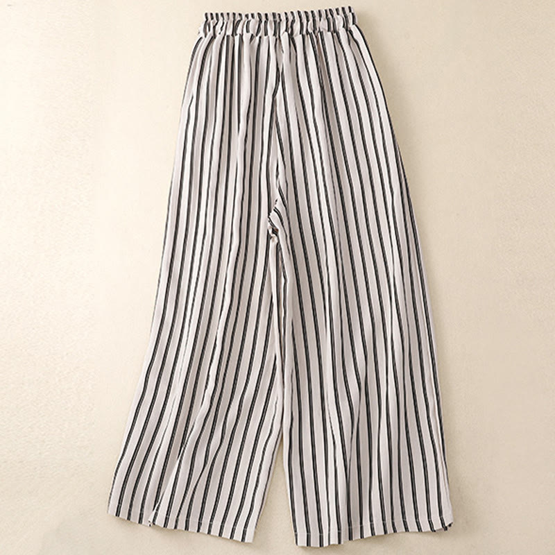 Buddha Stones Casual Acrylic Stripe Lace-up Women's Wide Leg Pants With Pockets