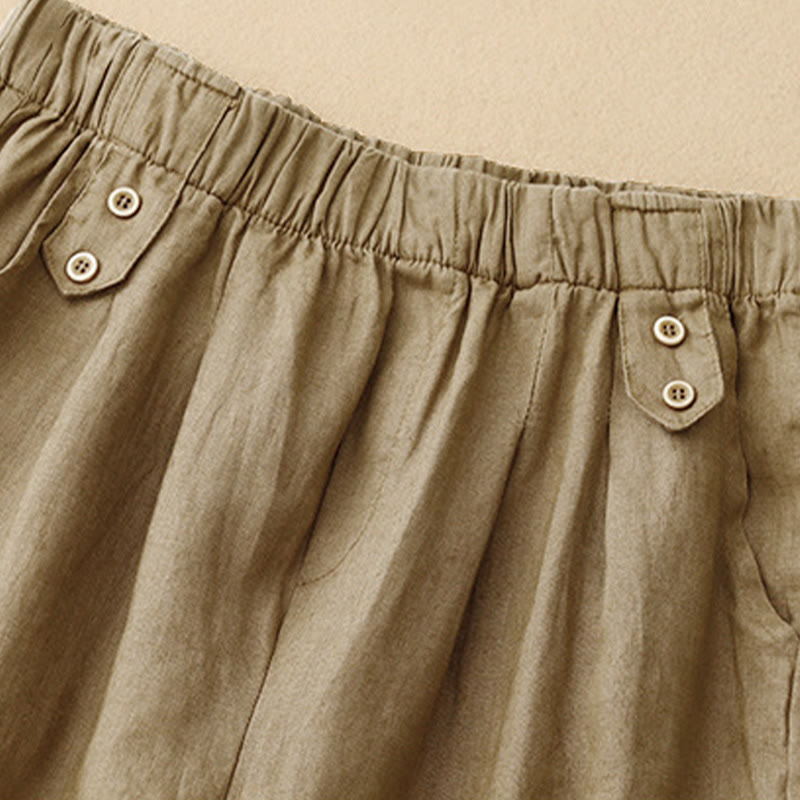 Buddha Stones Summer Plain Casual 7-8 Length Buttons Women's Cotton Linen Harem Pants With Pockets
