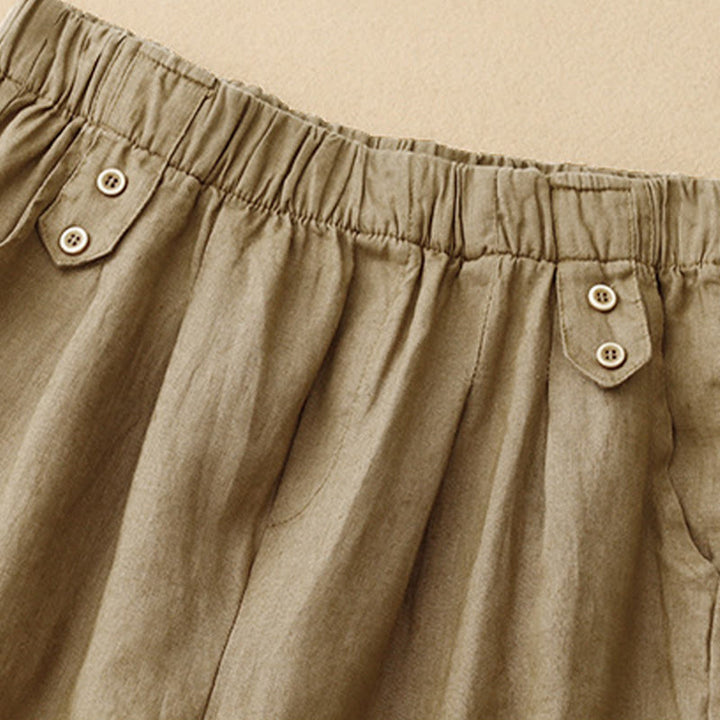 Buddha Stones Summer Plain Casual 7-8 Length Buttons Women's Cotton Linen Harem Pants With Pockets