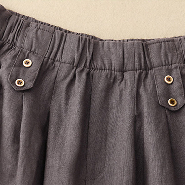 Buddha Stones Summer Plain Casual 7-8 Length Buttons Women's Cotton Linen Harem Pants With Pockets