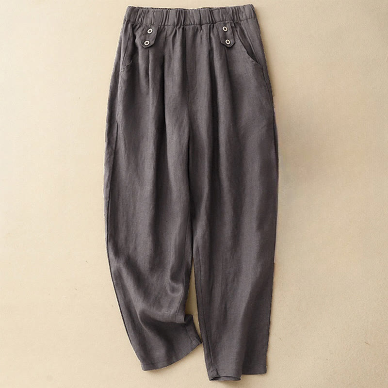 Buddha Stones Summer Plain Casual 7-8 Length Buttons Women's Cotton Linen Harem Pants With Pockets