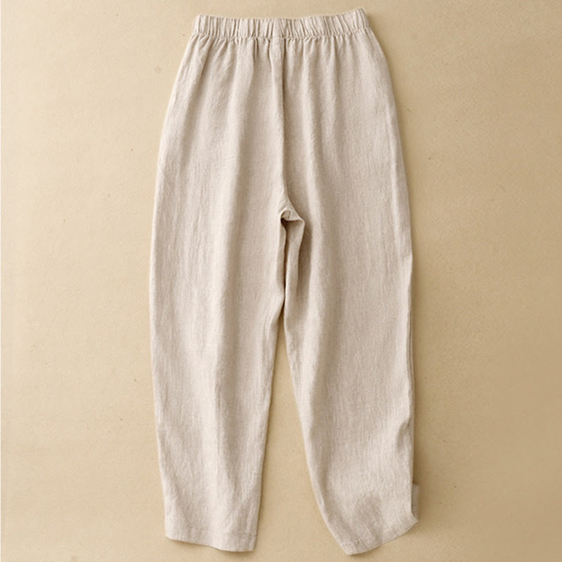 Buddha Stones Summer Plain Casual 7-8 Length Buttons Women's Cotton Linen Harem Pants With Pockets