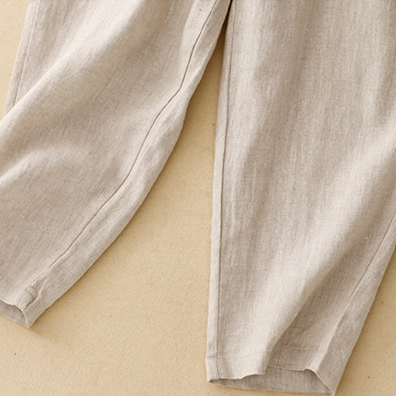 Buddha Stones Summer Plain Casual 7-8 Length Buttons Women's Cotton Linen Harem Pants With Pockets