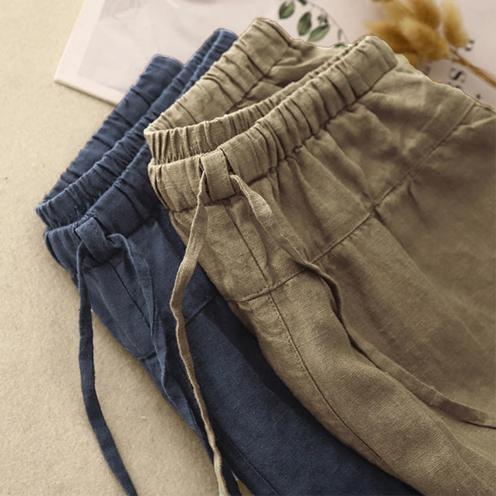 Buddha Stones Summer Plain Casual 7-8 Length Lace-up Women's Cotton Linen Harem Pants With Pockets - image 20