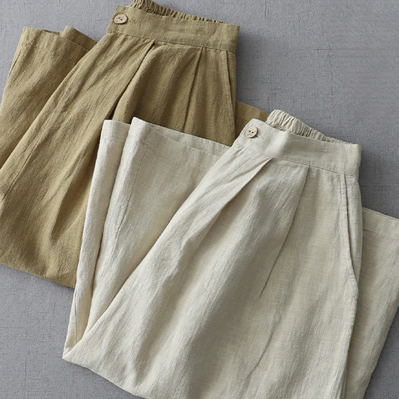 Buddha Stones Casual Plain Loose 7-8 Length Women's Polyester Wide Leg Pants With Pockets