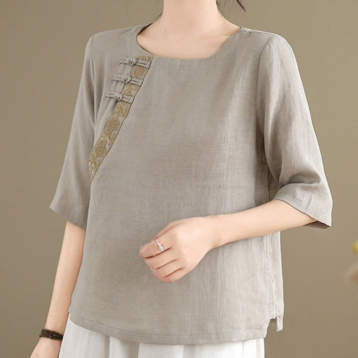 Buddha Stones Casual Women's Embroidered Flower Pattern Frog-Button Crew Neck Design Half Sleeve Shirt - image 5