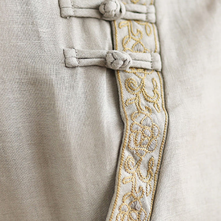 Buddha Stones Casual Women's Embroidered Flower Pattern Frog-Button Crew Neck Design Half Sleeve Cotton Linen Shirt - image 11