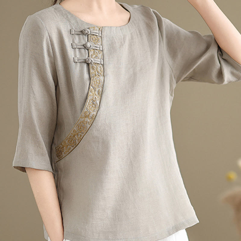 Buddha Stones Casual Women's Embroidered Flower Pattern Frog-Button Crew Neck Design Half Sleeve Shirt - image 4