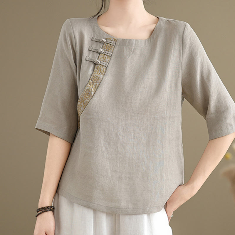 Buddha Stones Casual Women's Embroidered Flower Pattern Frog-Button Crew Neck Design Half Sleeve Shirt - DarkGray - US8-10，UK/AU12-14，EU40-42 (2XL) - image 0