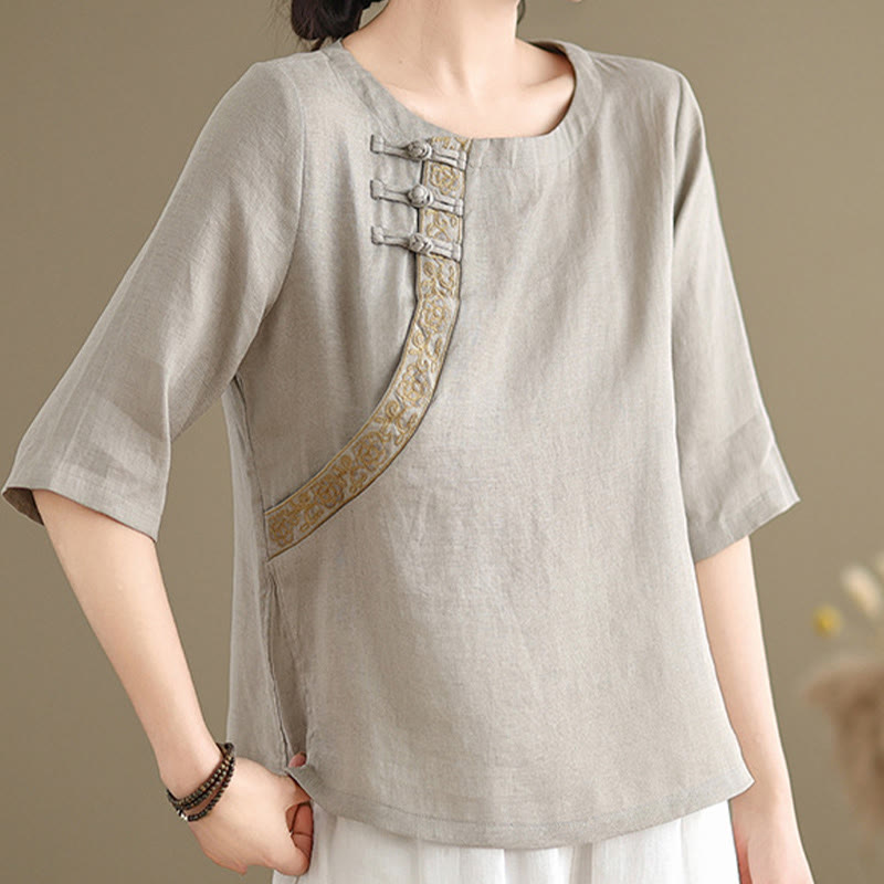 Buddha Stones Casual Women's Embroidered Flower Pattern Frog-Button Crew Neck Design Half Sleeve Shirt - image 1