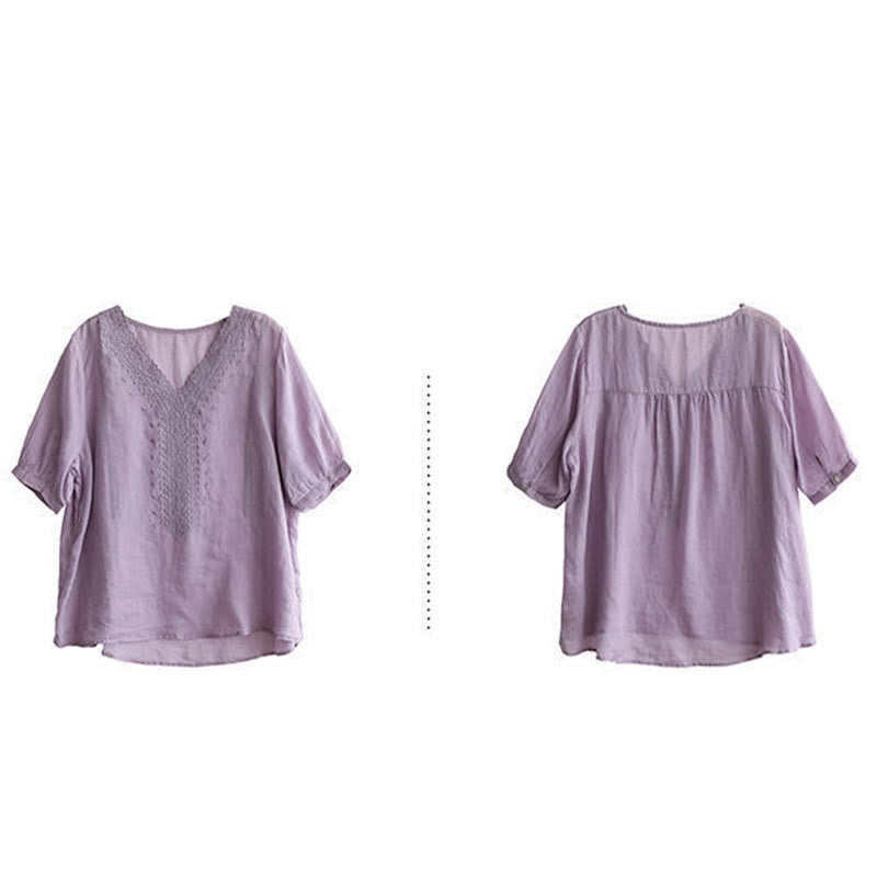 Buddha Stones Summer Casual Embroidered Pattern Women's V-Neck Design Half Sleeve Cotton Linen T-shirt - image 5