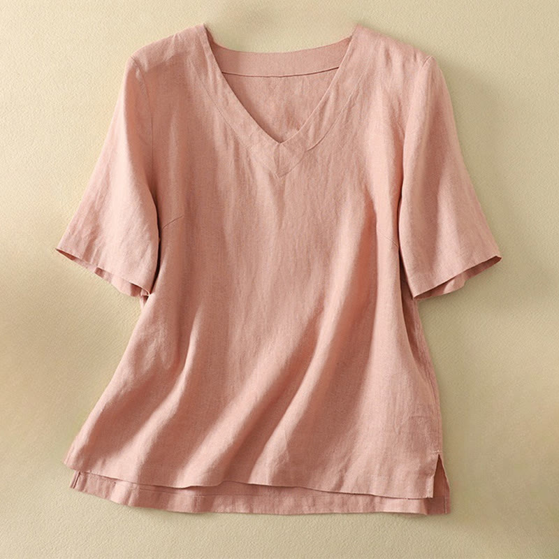Buddha Stones Summer Casual Plain Women's V-neck Design Half Sleeve Cotton T-shirt - Pink - US8-10，UK/AU12-14，EU40-42 (2XL) - image 5