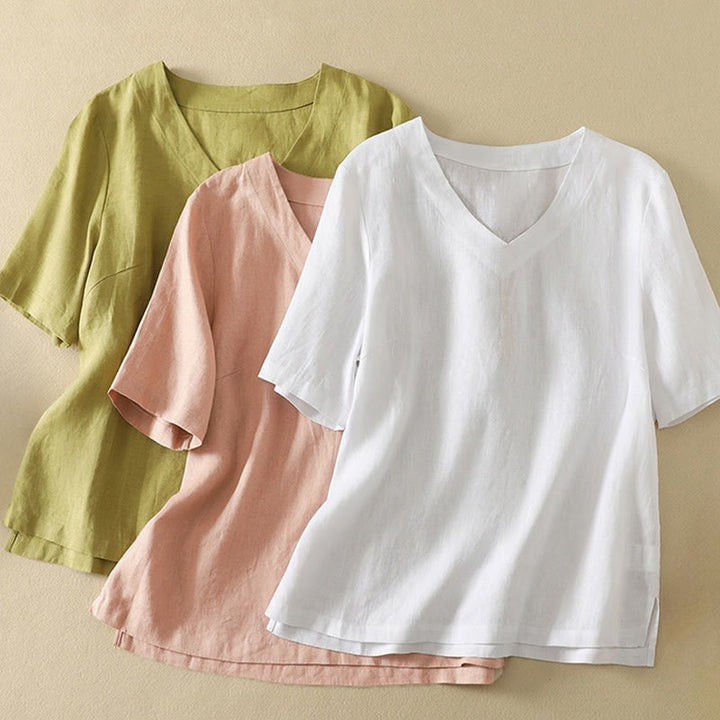 Buddha Stones Summer Casual Plain Women's V-neck Design Half Sleeve Cotton T-shirt - image 20