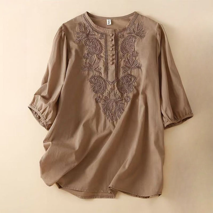 Buddha Stones Casual Women's Embroidered Flower Pattern Crew Neck Design Half Sleeve Cotton Linen Shirt - SaddleBrown - US8-10，UK/AU12-14，EU40-42 (2XL) - image 0