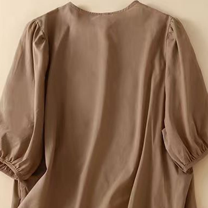 Buddha Stones Casual Women's Embroidered Flower Pattern Crew Neck Design Half Sleeve Cotton Linen Shirt - image 1