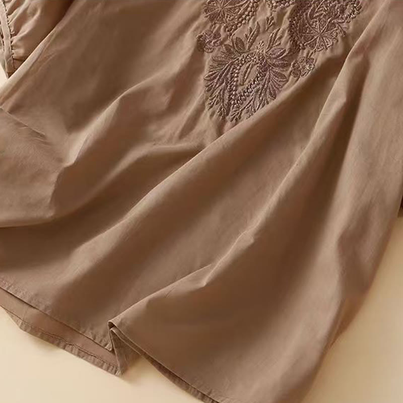 Buddha Stones Casual Women's Embroidered Flower Pattern Crew Neck Design Half Sleeve Cotton Linen Shirt - image 7