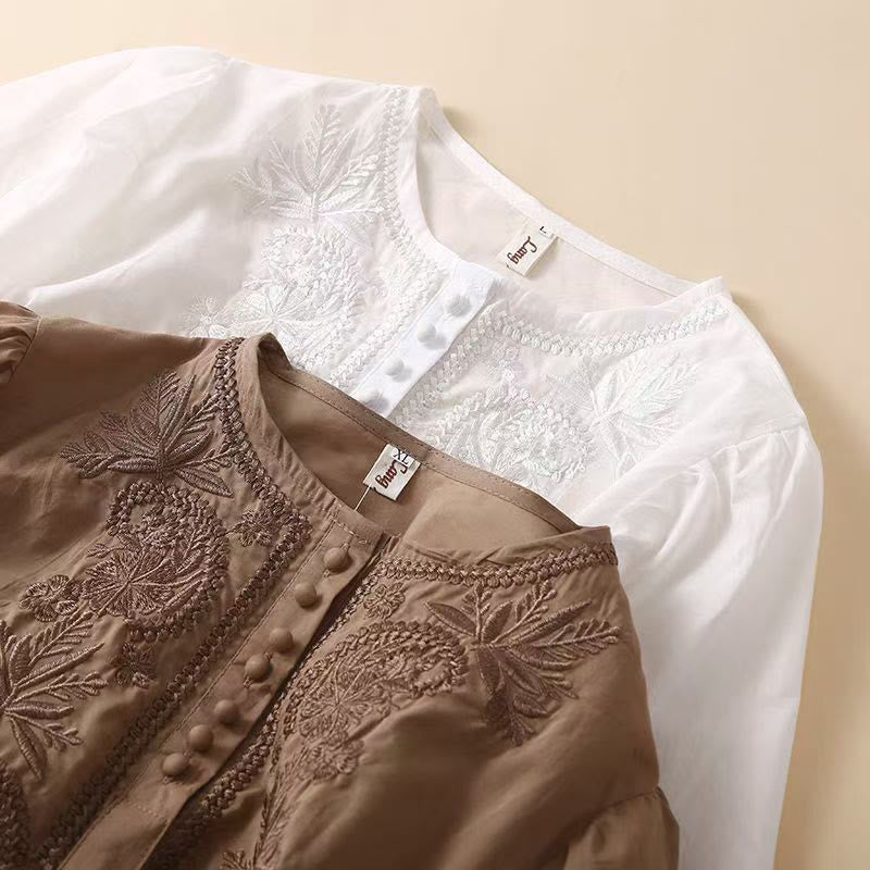 Buddha Stones Casual Women's Embroidered Flower Pattern Crew Neck Design Half Sleeve Cotton Linen Shirt - image 15