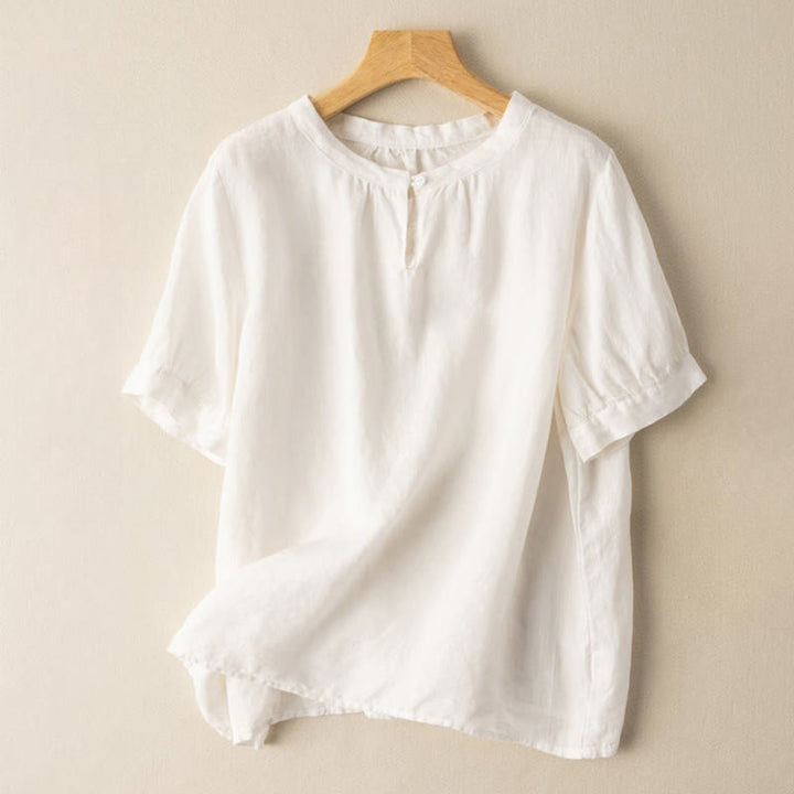 Buddha Stones Casual Women's Plain Crew Neck Button Design Half Sleeve Cotton Linen Shirt - Snow - US8-10，UK/AU12-14，EU40-42 (2XL) - image 2