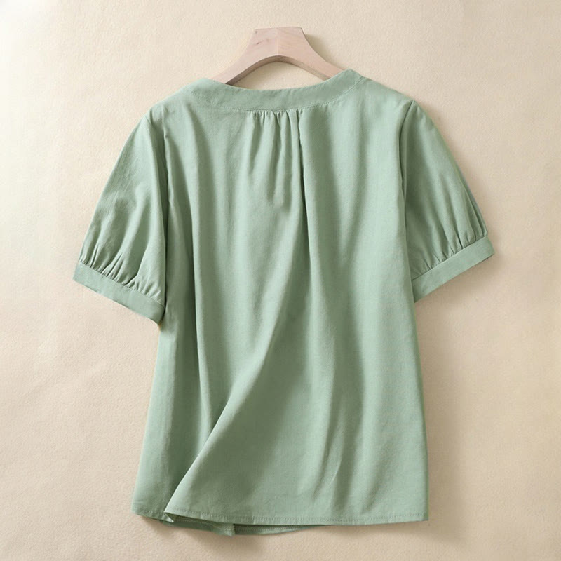 Buddha Stones Casual Women's Plain Crew Neck Button Design Half Sleeve Cotton Linen Shirt - DarkSeaGreen - US8-10，UK/AU12-14，EU40-42 (2XL) - image 4