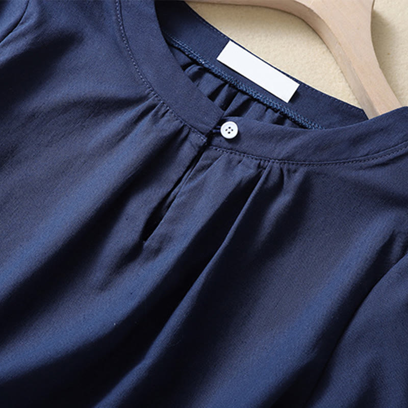 Buddha Stones Casual Women's Plain Crew Neck Button Design Half Sleeve Cotton Linen Shirt - image 8