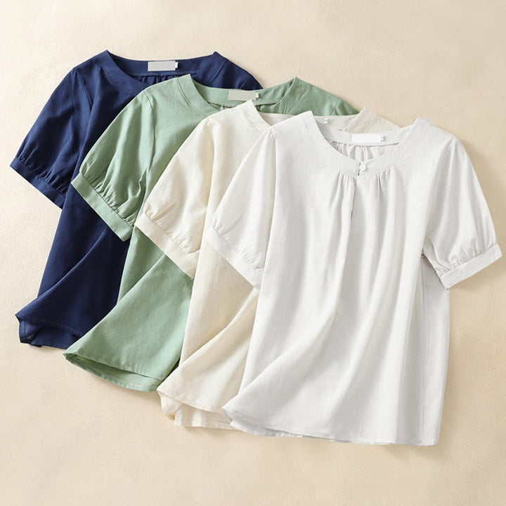 Buddha Stones Casual Women's Plain Crew Neck Button Design Half Sleeve Linen Shirt - image 10