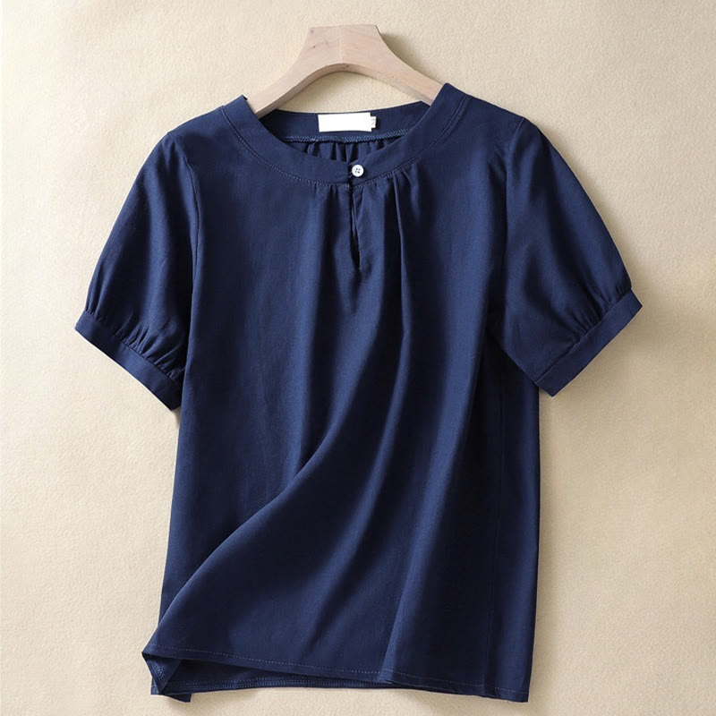 Buddha Stones Casual Women's Plain Crew Neck Button Design Half Sleeve Cotton Linen Shirt - Navy - US8-10，UK/AU12-14，EU40-42 (2XL) - image 6