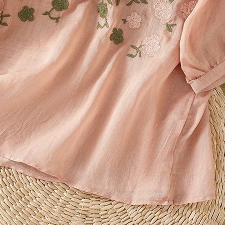 Buddha Stones Casual Women's Flowers Green Leaves Embroidery Pattern V-Neck Design Half Sleeve Cotton Linen Shirt - image 3