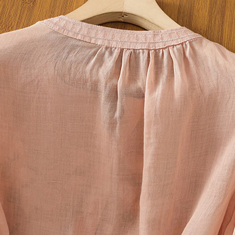 Buddha Stones Casual Women's Flowers Green Leaves Embroidery Pattern V-Neck Design Half Sleeve Cotton Linen Shirt - image 5