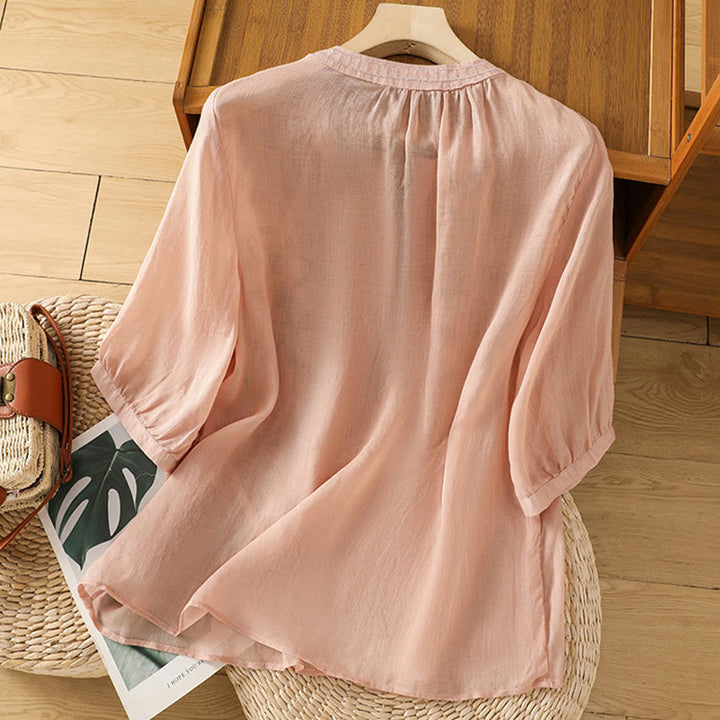 Buddha Stones Casual Women's Flowers Green Leaves Embroidery Pattern V-Neck Design Half Sleeve Cotton Linen Shirt - image 4