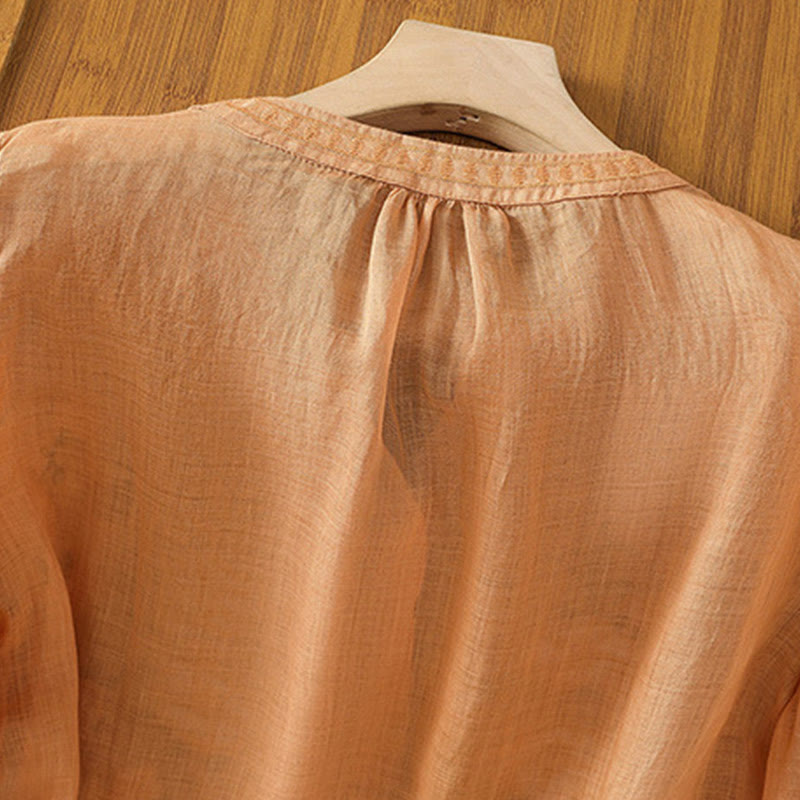 Buddha Stones Casual Women's Flowers Green Leaves Embroidery Pattern V-Neck Design Half Sleeve Cotton Linen Shirt - image 21