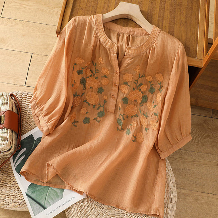 Buddha Stones Casual Women's Flowers Green Leaves Embroidery Pattern V-Neck Design Half Sleeve Cotton Linen Shirt - SandyBrown - US8-10，UK/AU12-14，EU40-42 (2XL) - image 16