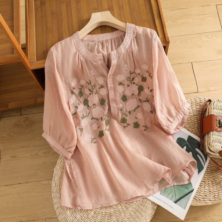 Buddha Stones Casual Women's Flowers Green Leaves Embroidery Pattern V-Neck Design Half Sleeve Cotton Linen Shirt - Pink - US8-10，UK/AU12-14，EU40-42 (2XL) - image 0