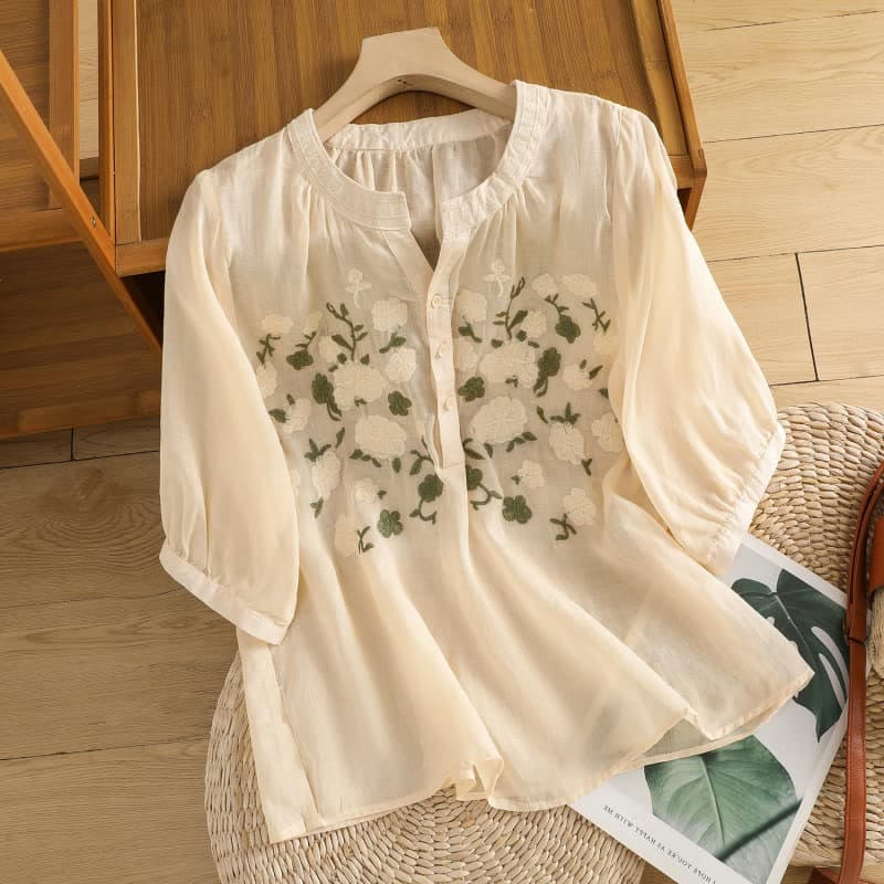 Buddha Stones Casual Women's Flowers Green Leaves Embroidery Pattern V-Neck Design Half Sleeve Cotton Linen Shirt - PapayaWhip - US8-10，UK/AU12-14，EU40-42 (2XL) - image 9